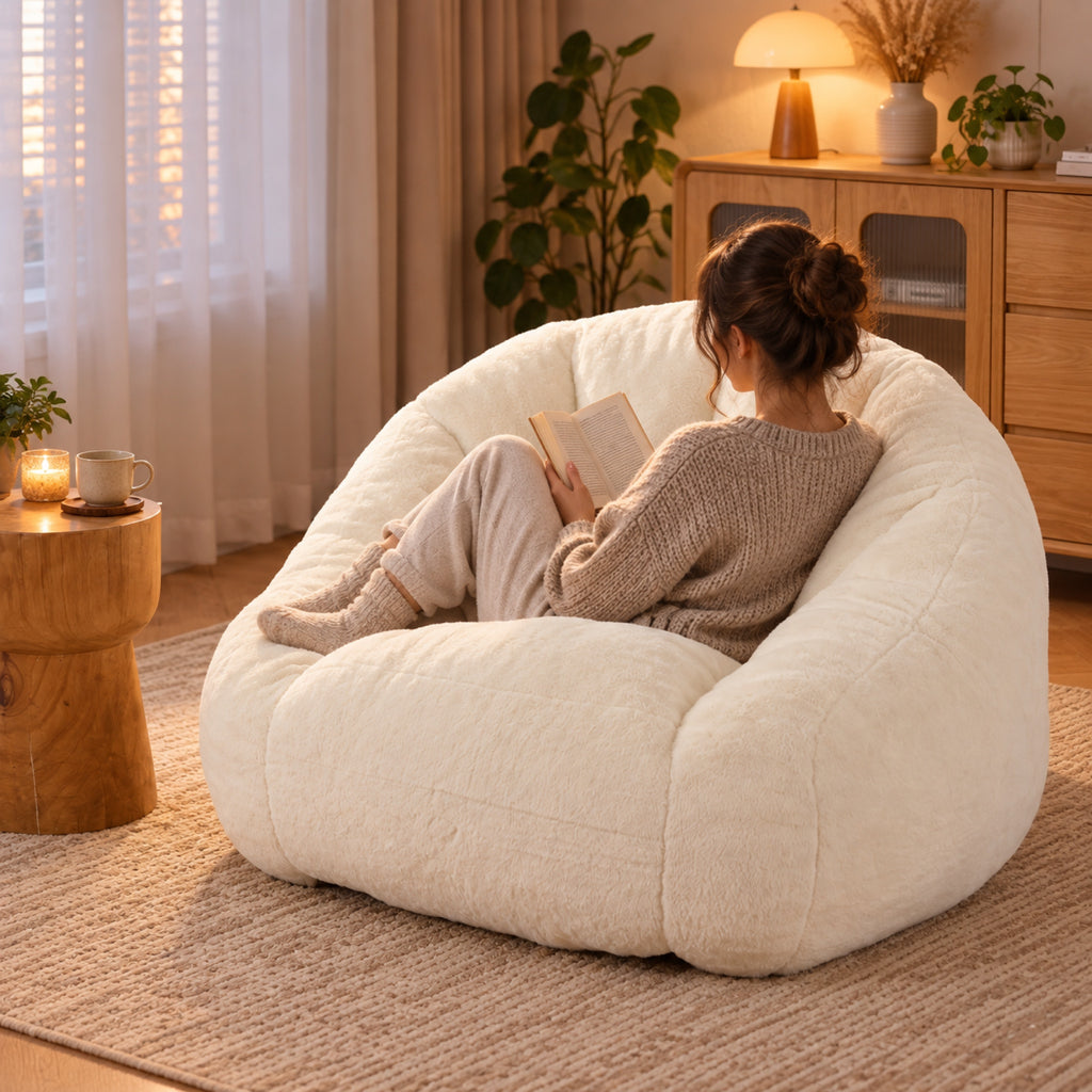 Grand fauteuil pouf en fausse fourrure, dossier arrondi, à l'usage, coloris Crème