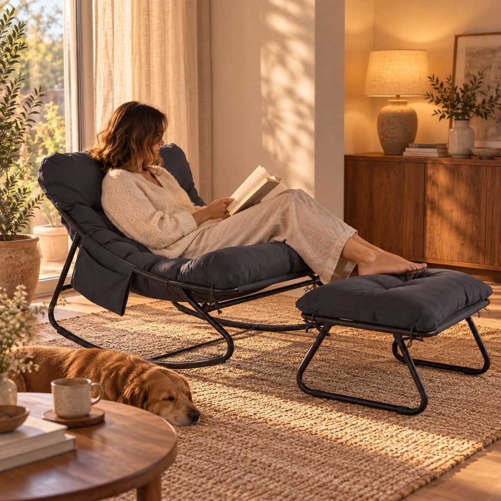Fauteuil relax à bascule, coussin imperméable – position inclinée