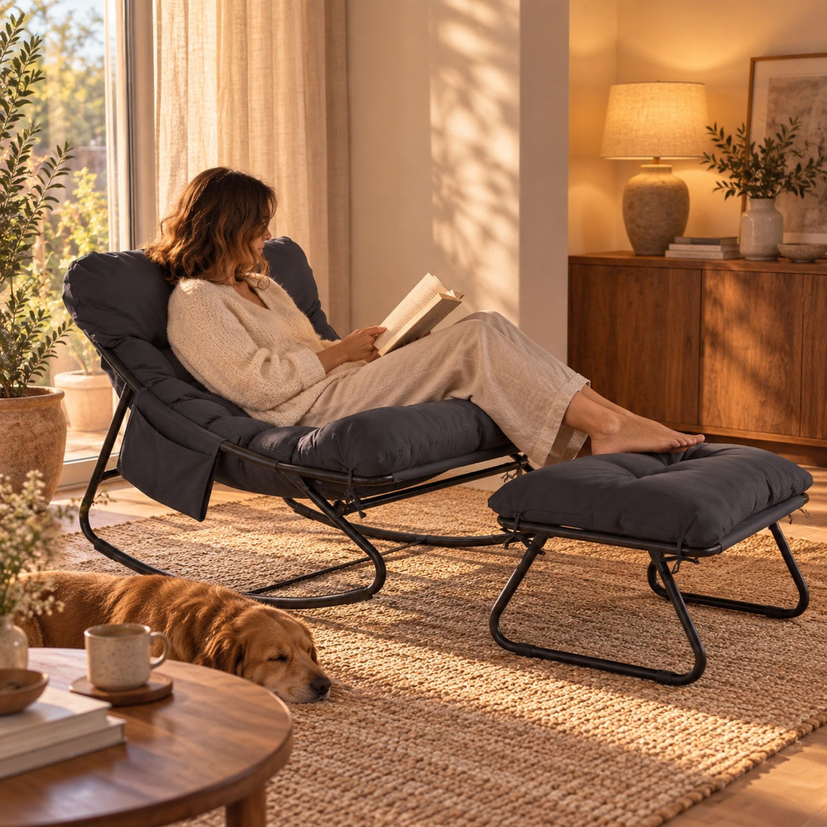 Fauteuil relax à bascule, coussin imperméable – position inclinée
