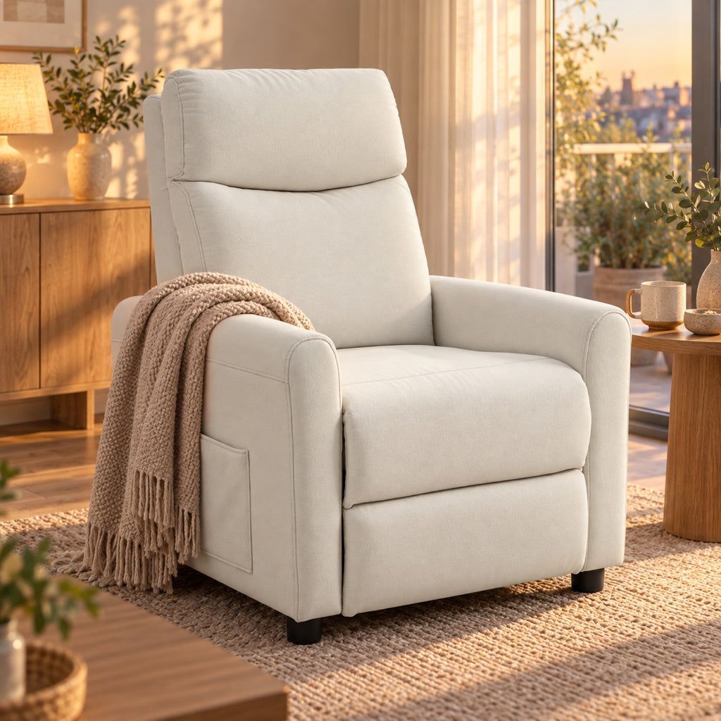 Fauteuil relax en tissu aspect lin crème, repose-pieds, vue principale
