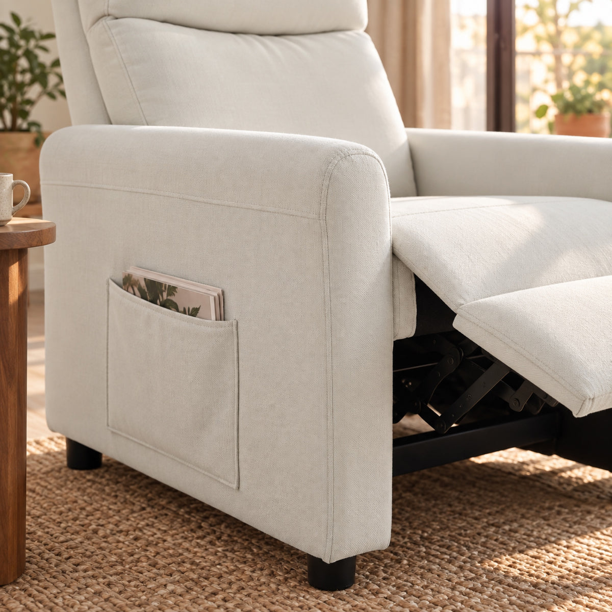 Fauteuil relax en tissu aspect lin crème, repose-pieds, détail de fabrication