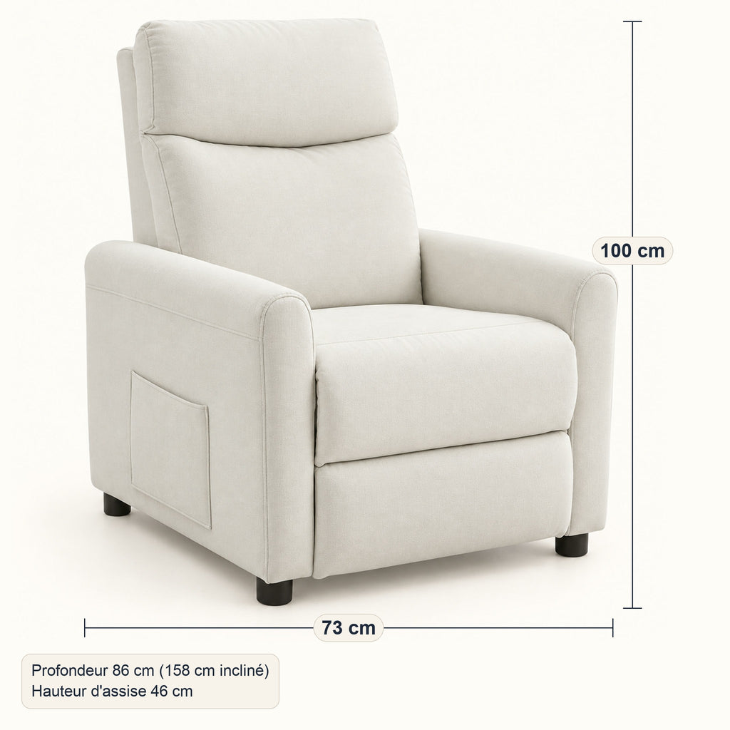 Fauteuil relax en tissu aspect lin crème, repose-pieds, dimensions