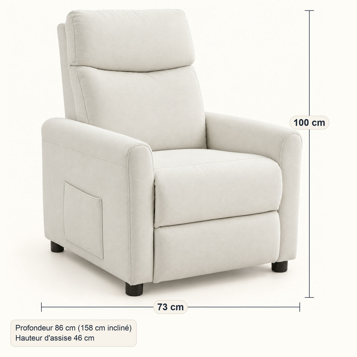 Fauteuil relax en tissu aspect lin crème, repose-pieds, dimensions