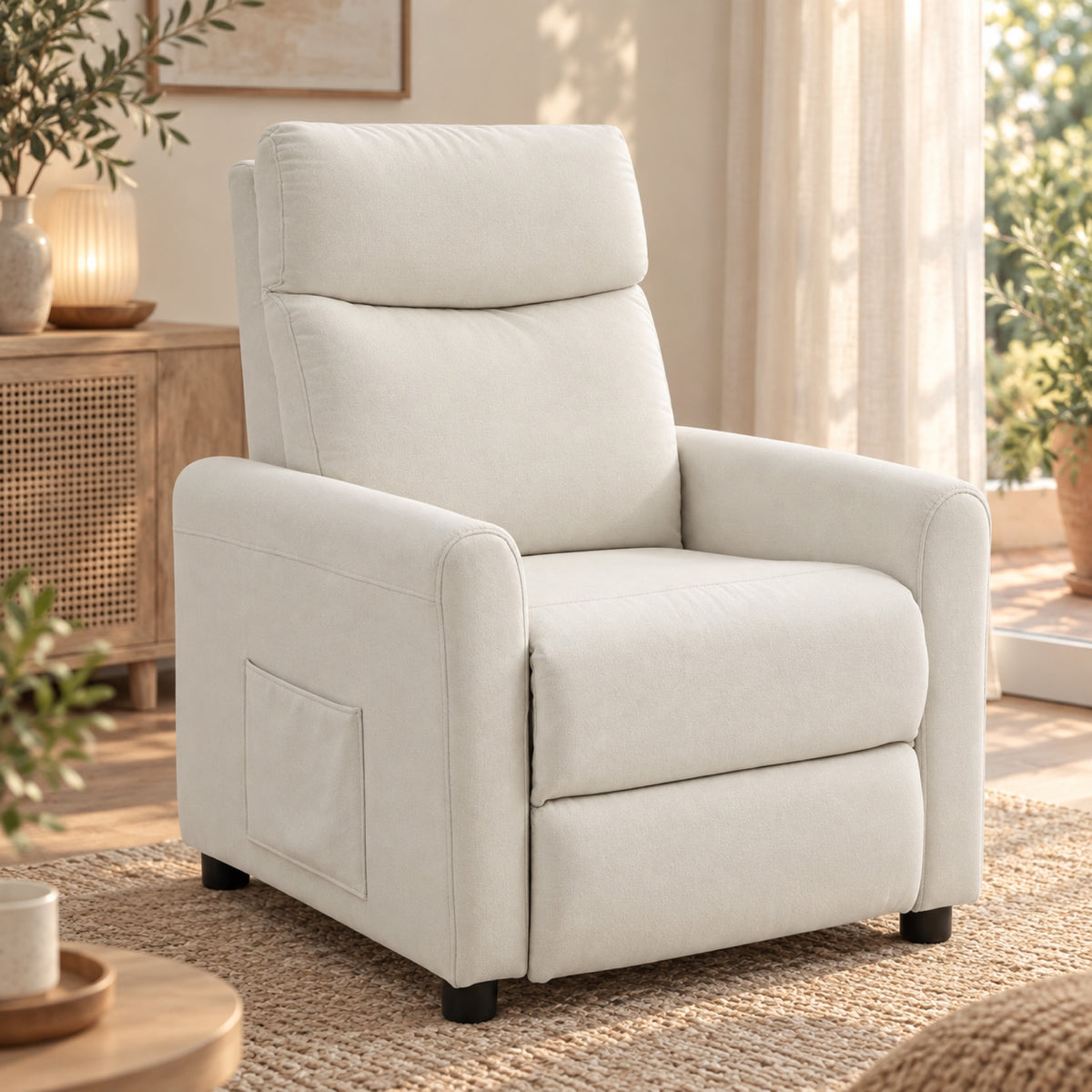 Fauteuil relax en tissu aspect lin crème, repose-pieds, mis en situation