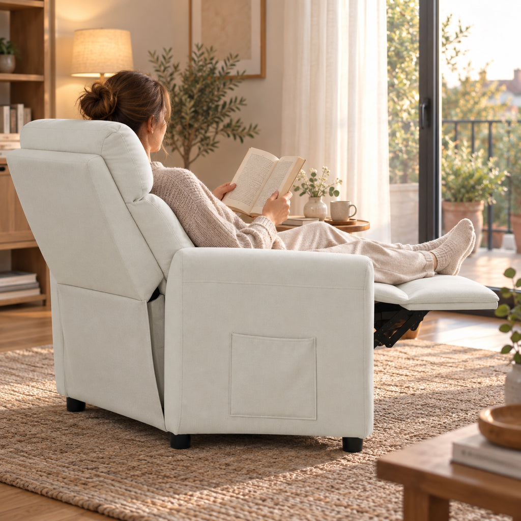 Fauteuil relax en tissu aspect lin crème, repose-pieds, à l'usage