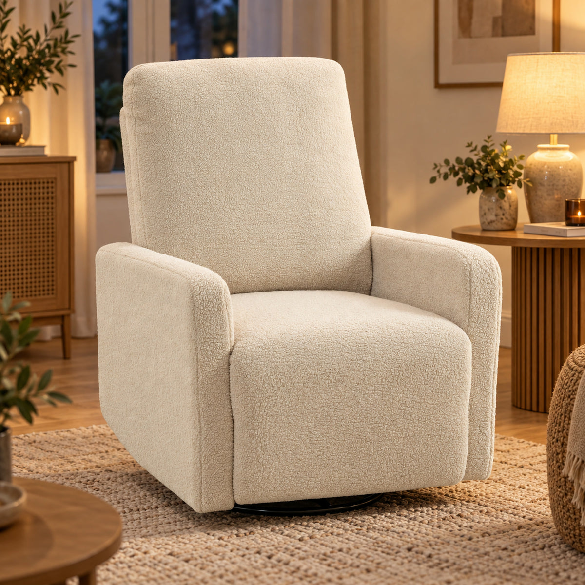 Fauteuil relax en bouclette crème, pivotant et inclinable, vue principale