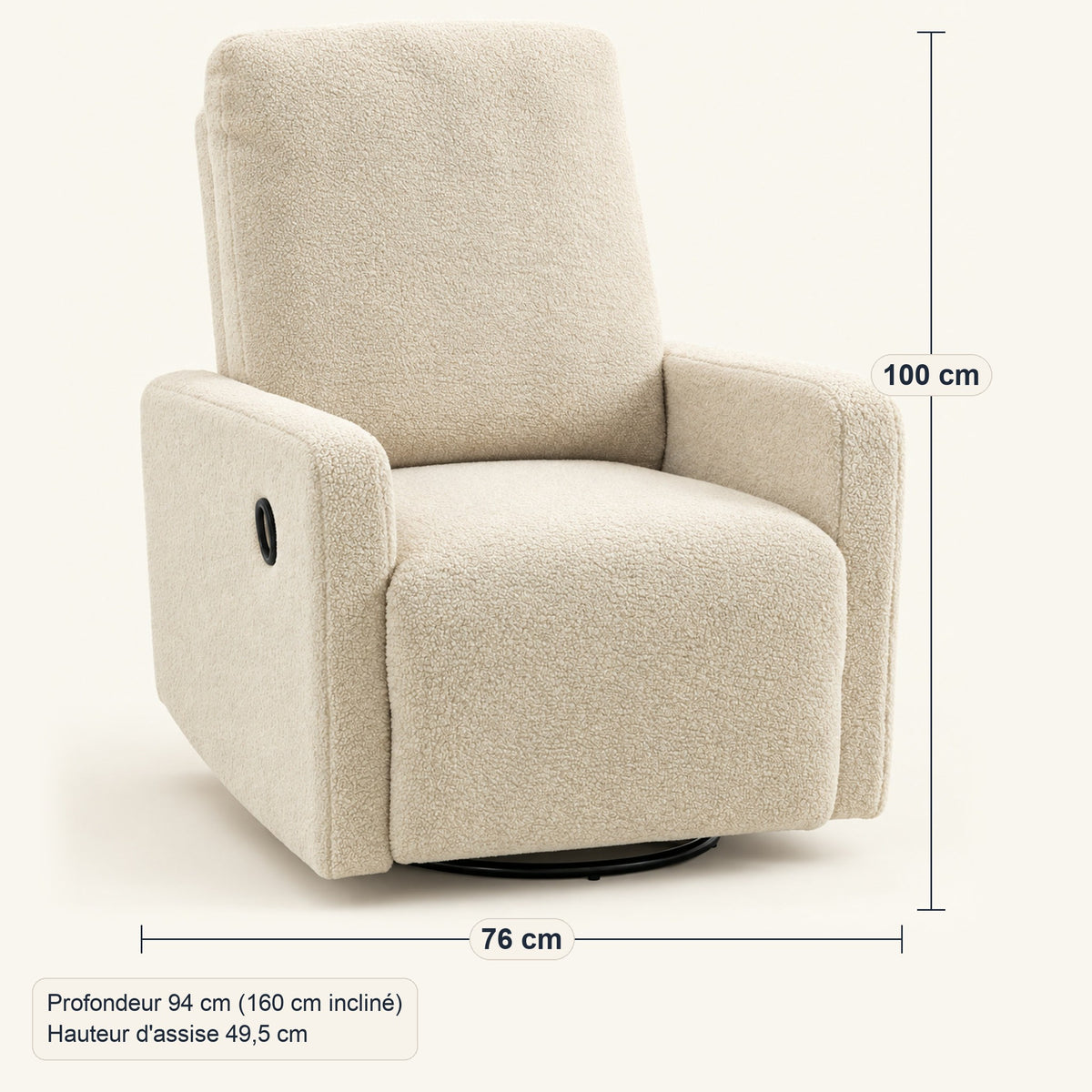 Fauteuil relax en bouclette crème, pivotant et inclinable, dimensions