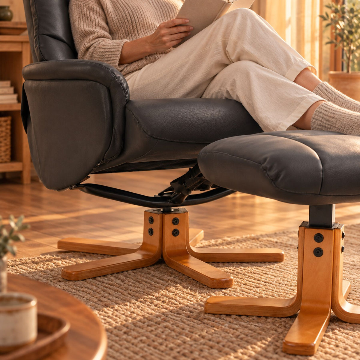 Fauteuil relax pivotant en similicuir, avec repose-pieds – détail