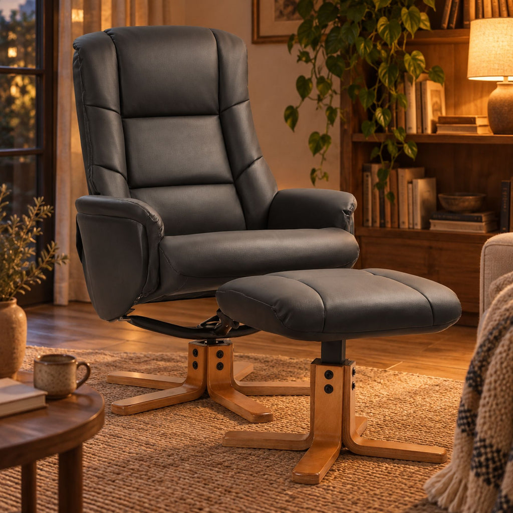 Fauteuil relax pivotant en similicuir, avec repose-pieds – vue d'ensemble
