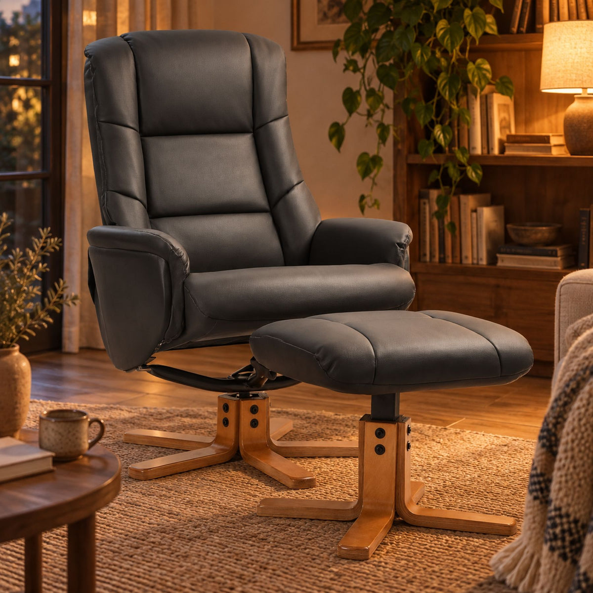 Fauteuil relax pivotant en similicuir, avec repose-pieds – vue d'ensemble
