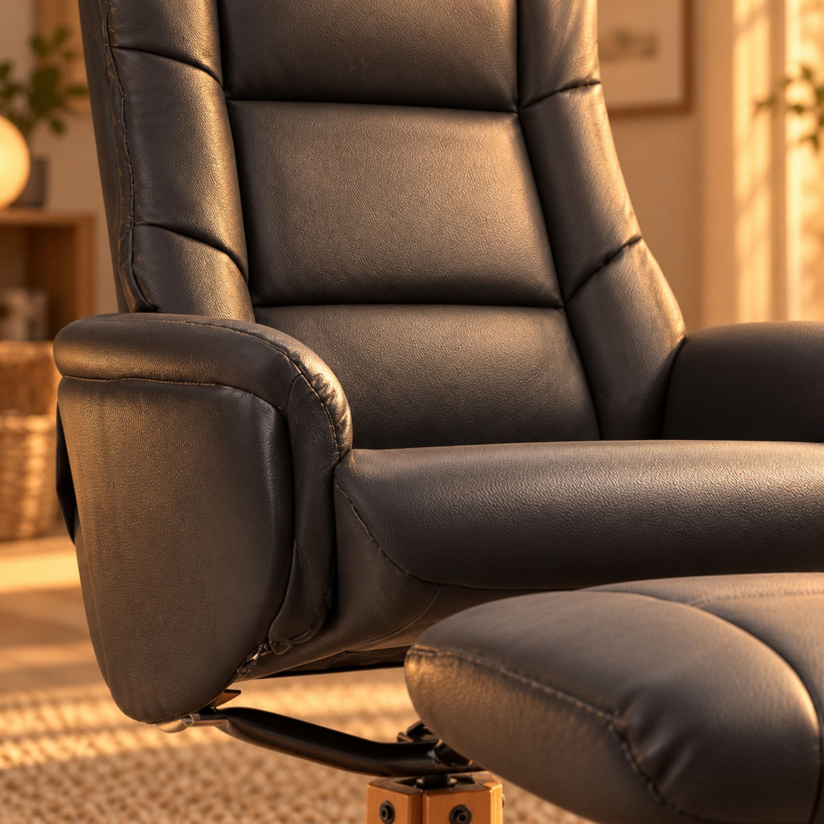 Fauteuil relax pivotant en similicuir, avec repose-pieds – détail de la matière