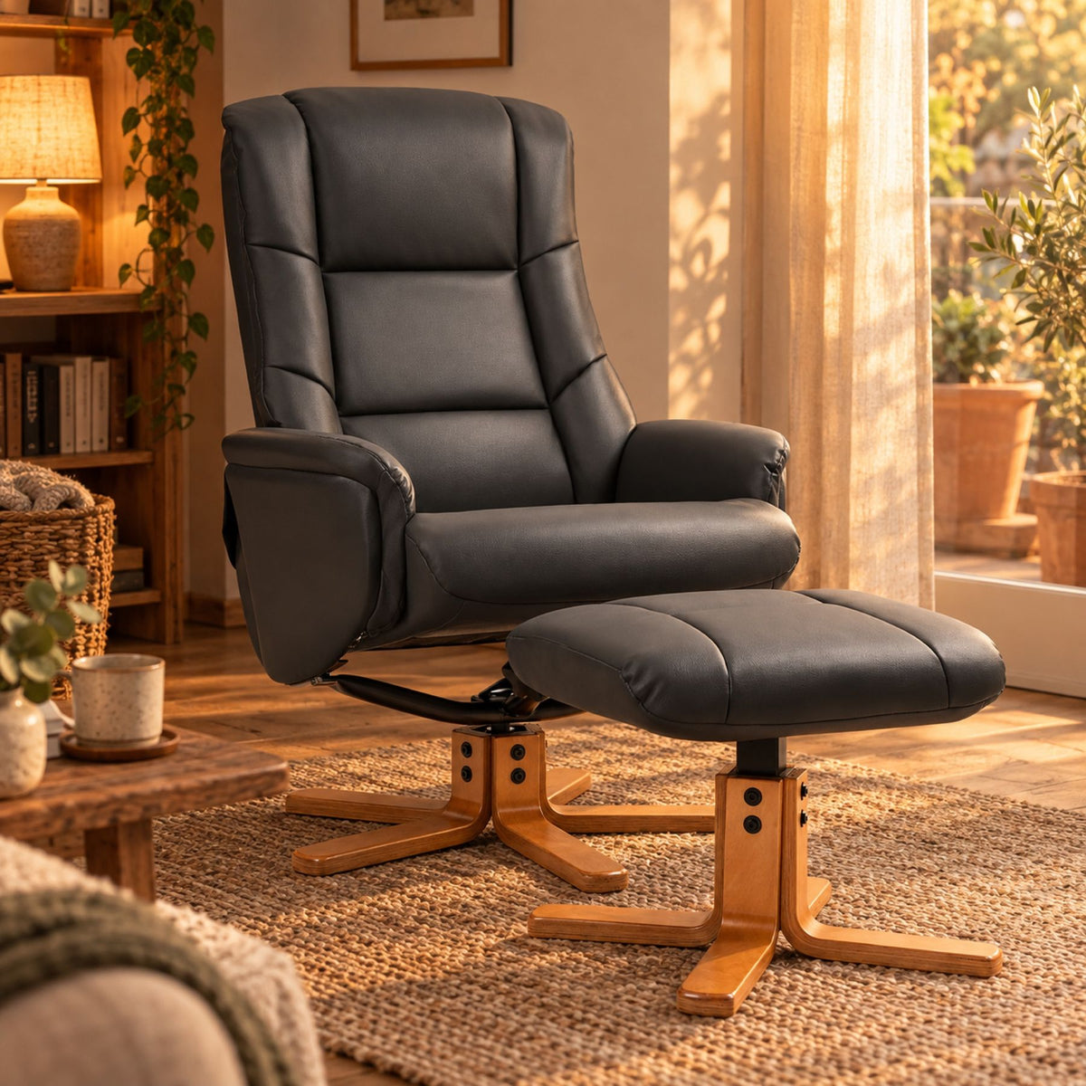 Fauteuil relax pivotant en similicuir, avec repose-pieds – position inclinée