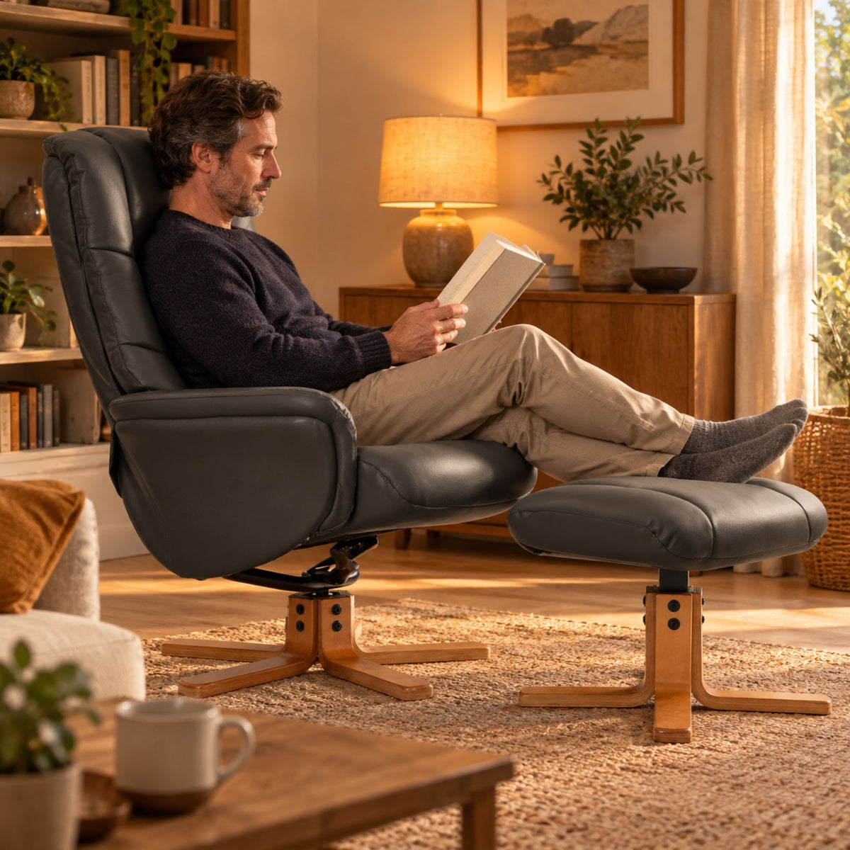 Fauteuil relax pivotant en similicuir, avec repose-pieds – au salon