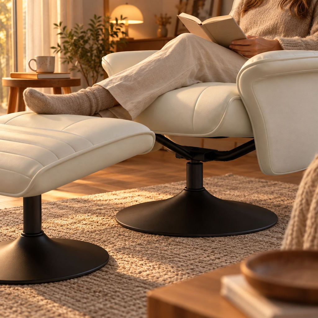 Fauteuil relax de salon en similicuir écru, avec pouf – détail