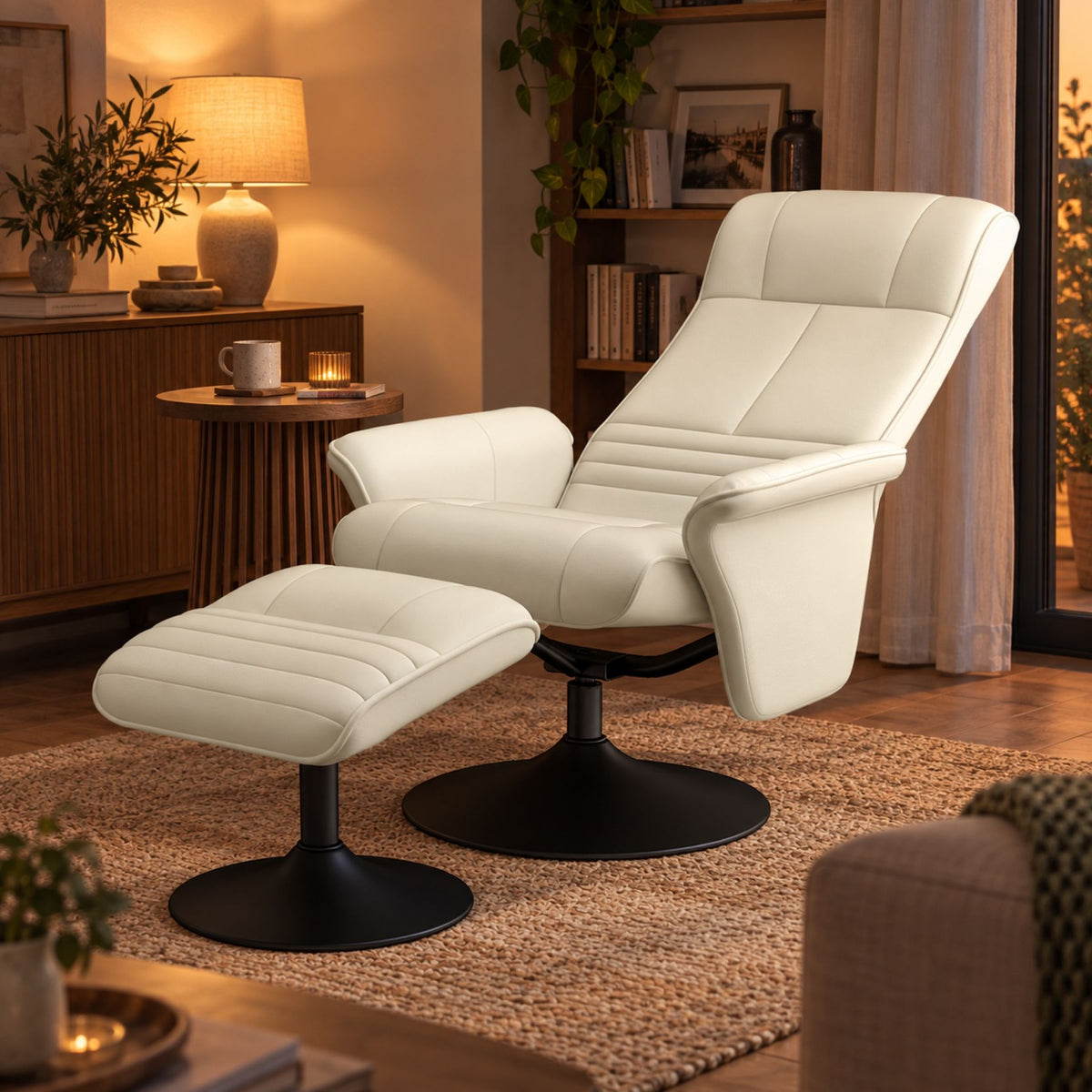 Fauteuil relax de salon en similicuir écru, avec pouf – vue d'ensemble