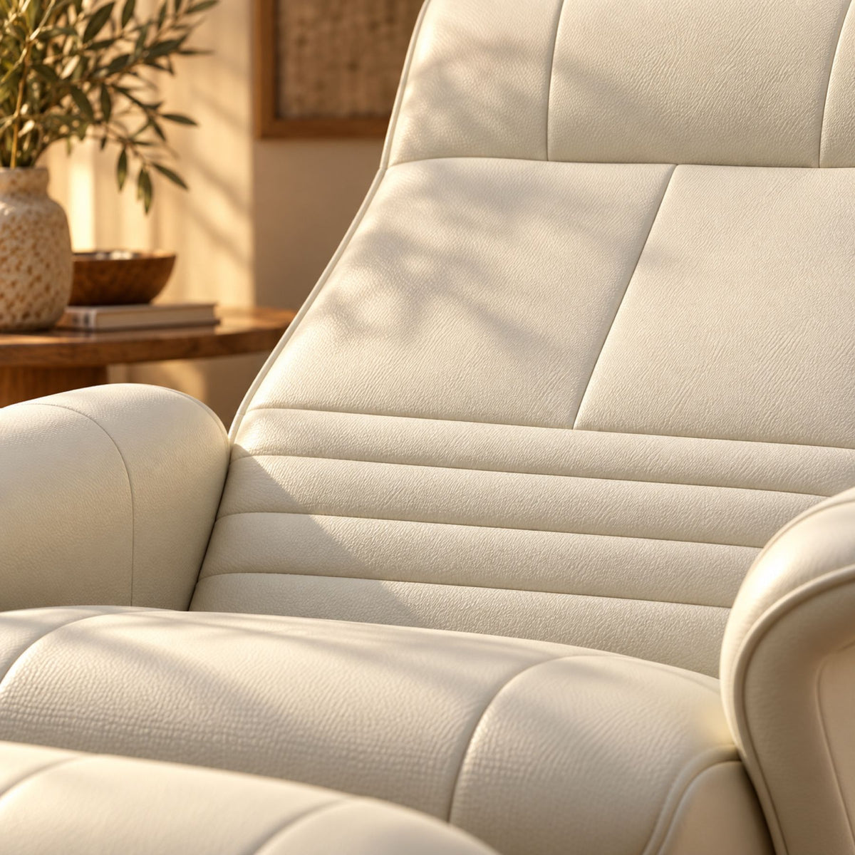 Fauteuil relax de salon en similicuir écru, avec pouf – détail de la matière