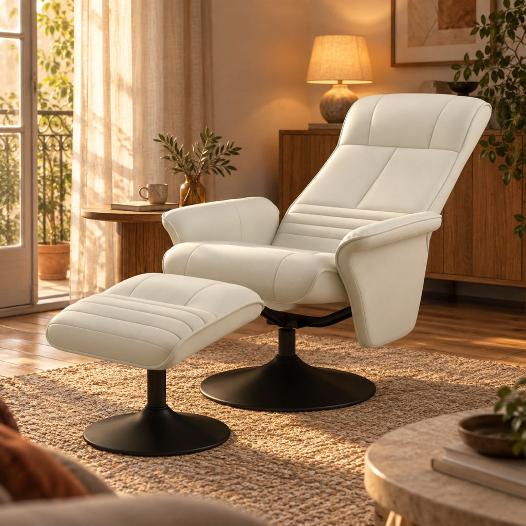 Fauteuil relax de salon en similicuir écru, avec pouf – position inclinée