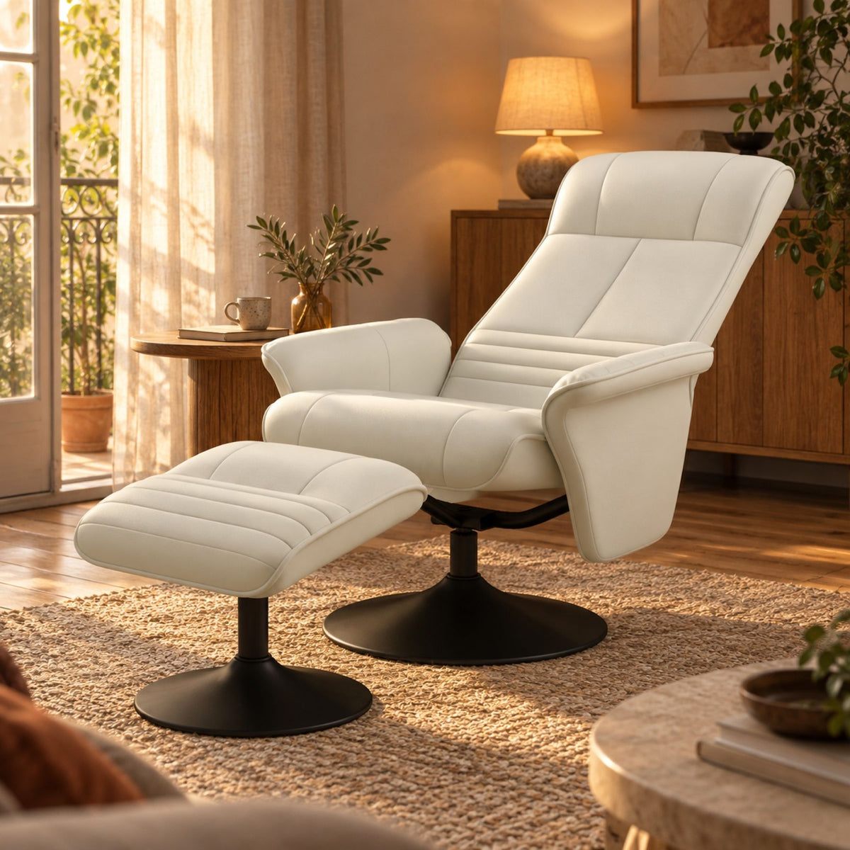 Fauteuil relax de salon en similicuir écru, avec pouf – position inclinée