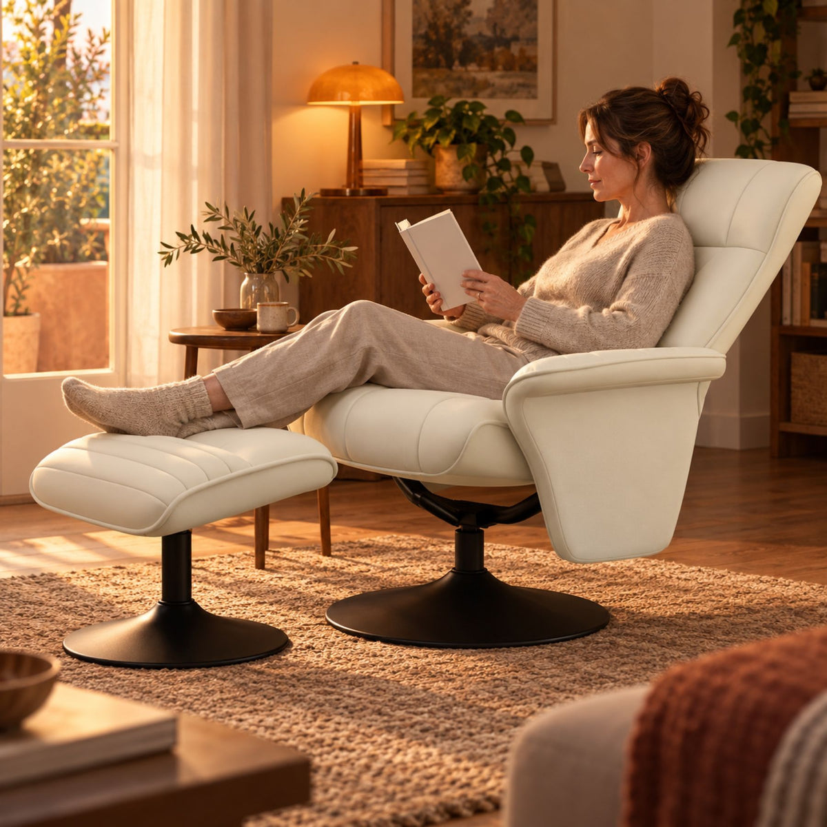 Fauteuil relax de salon en similicuir écru, avec pouf – au salon