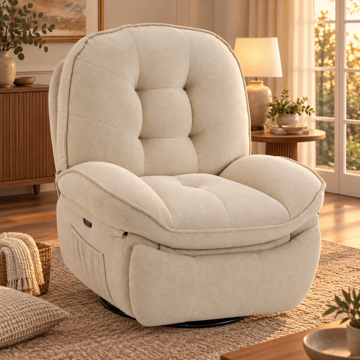 Grand fauteuil relax chenille crème, pivotant et à bascule, vue principale