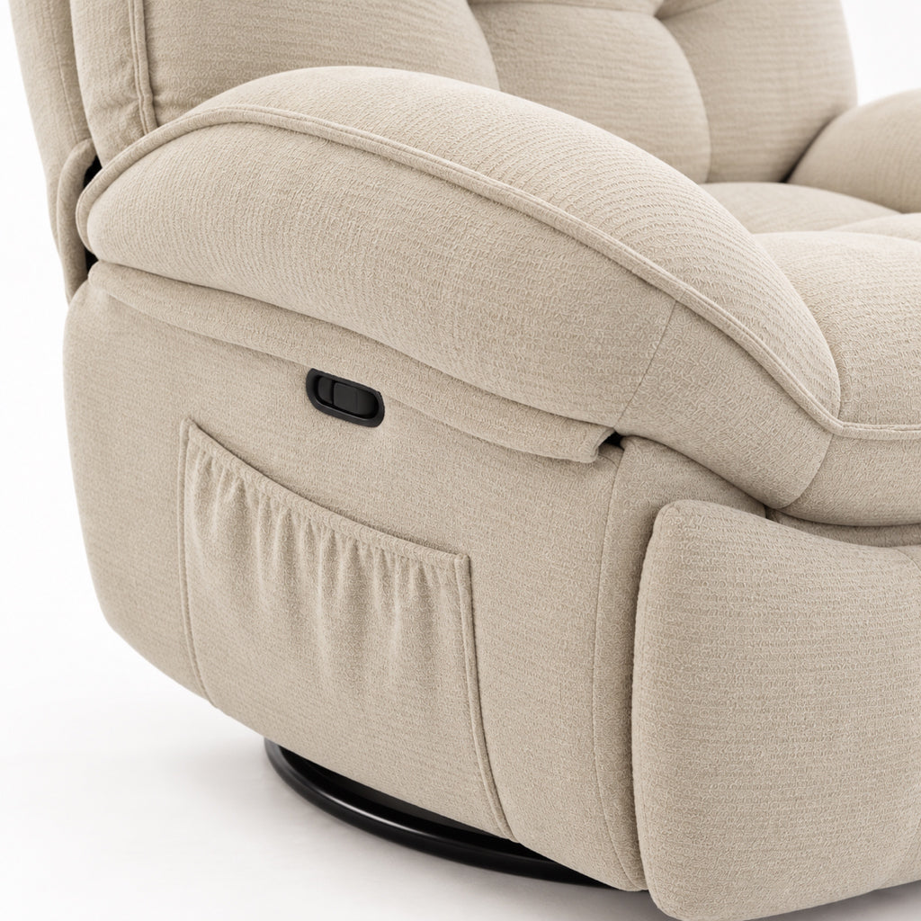 Grand fauteuil relax chenille crème, pivotant et à bascule, détail de fabrication
