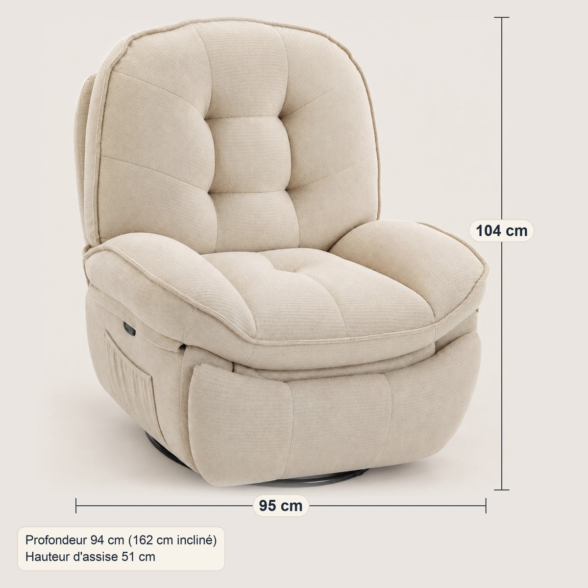 Grand fauteuil relax chenille crème, pivotant et à bascule, dimensions