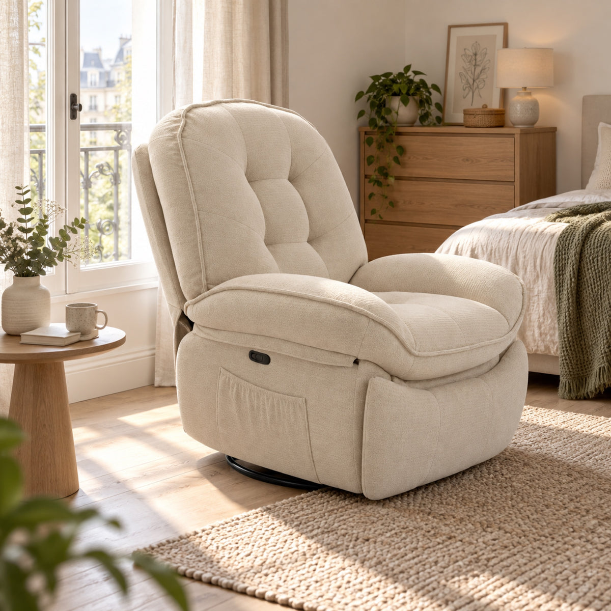 Grand fauteuil relax chenille crème, pivotant et à bascule, mis en situation