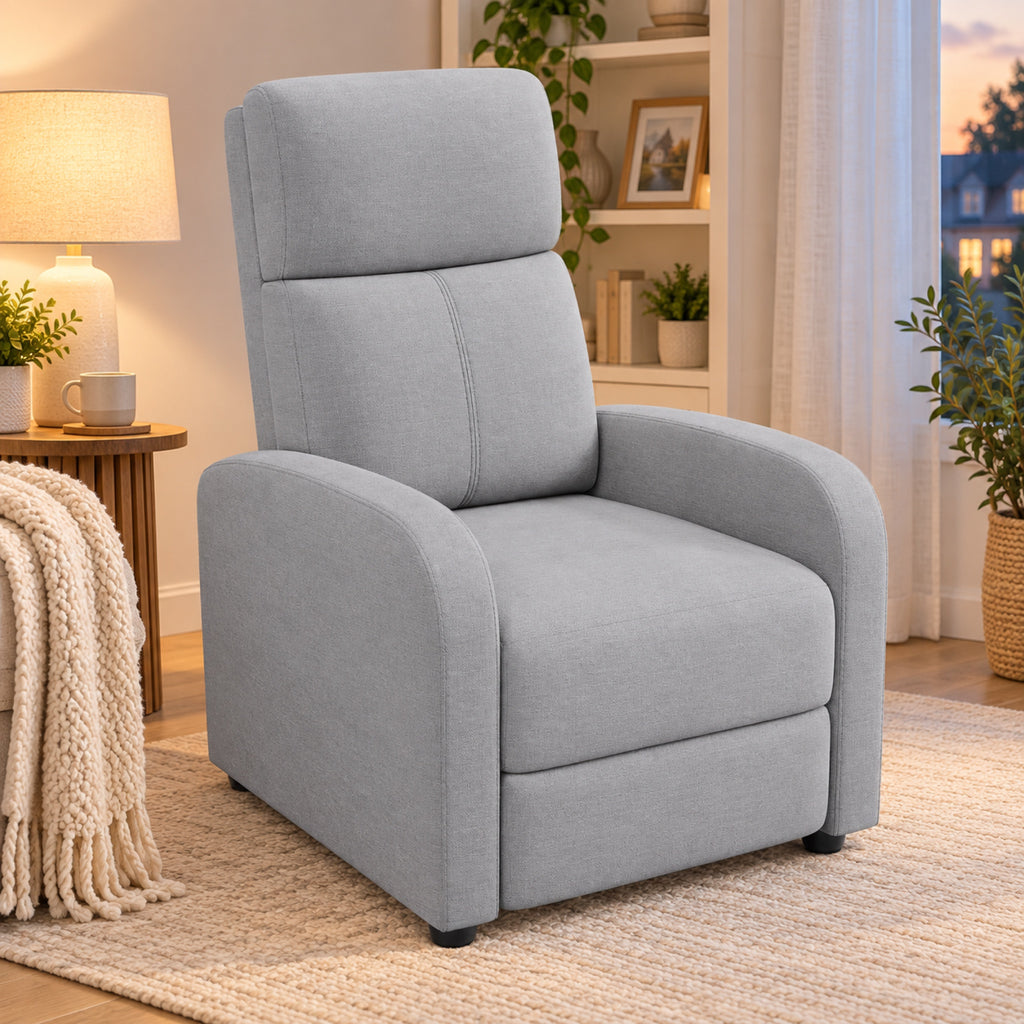 Fauteuil relax manuel en tissu aspect lin gris clair, vue principale