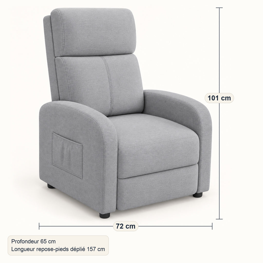 Fauteuil relax manuel en tissu aspect lin gris clair, dimensions