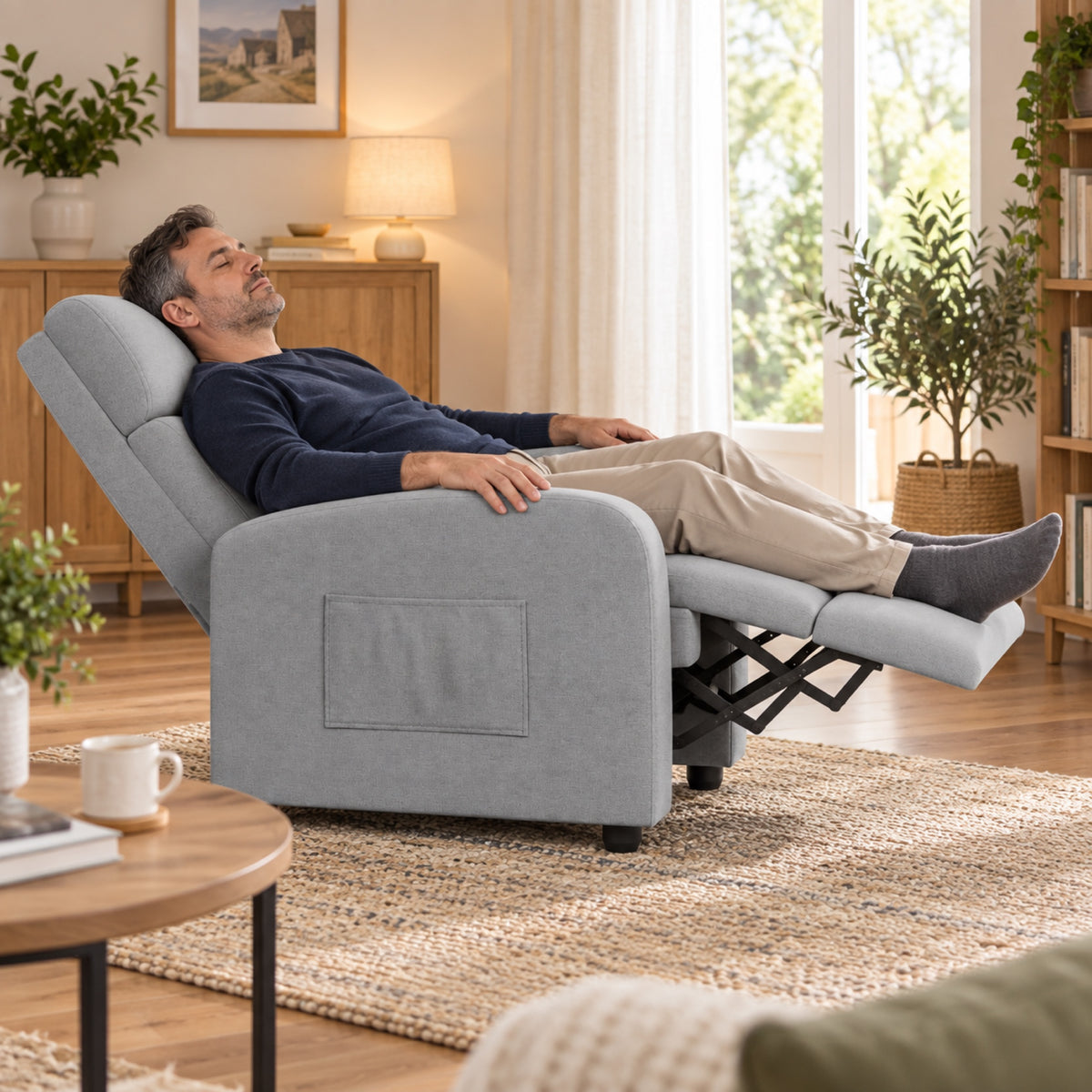 Fauteuil relax manuel en tissu aspect lin gris clair, à l'usage