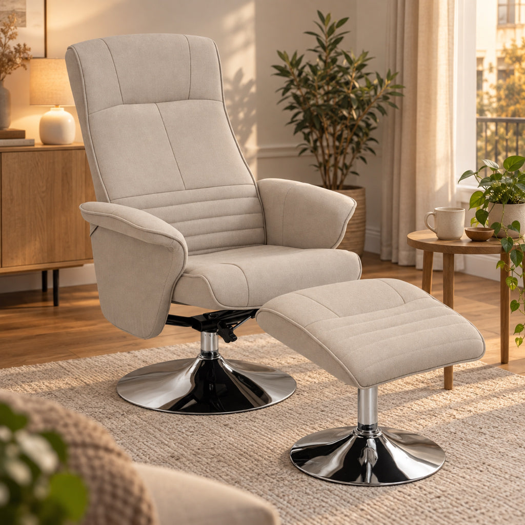 Fauteuil relax pivotant en tissu beige, avec pouf, vue principale