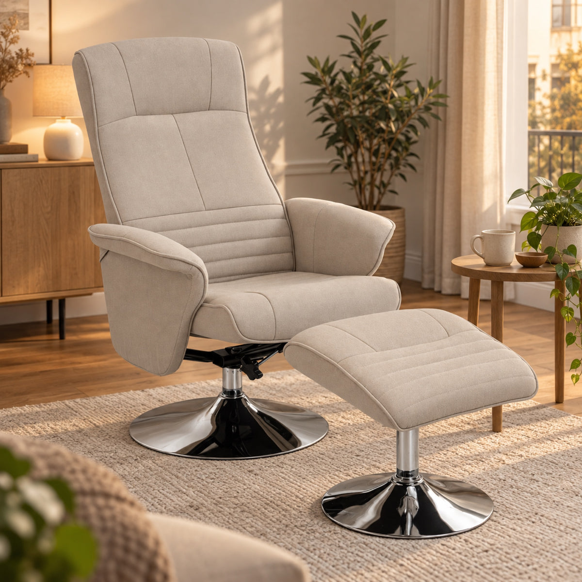 Fauteuil relax pivotant en tissu beige, avec pouf, vue principale