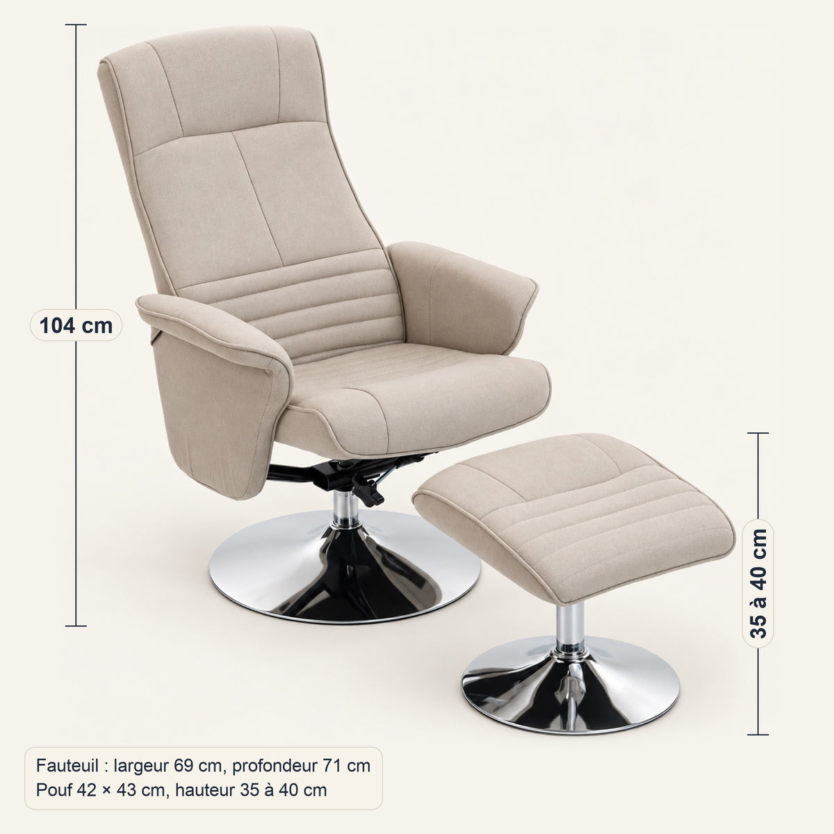 Fauteuil relax pivotant en tissu beige, avec pouf, dimensions