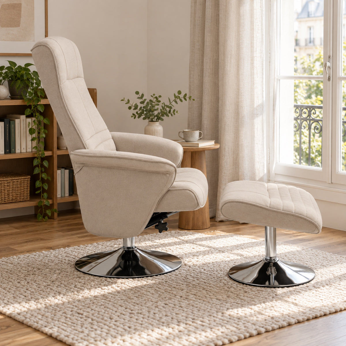 Fauteuil relax pivotant en tissu beige, avec pouf, mis en situation