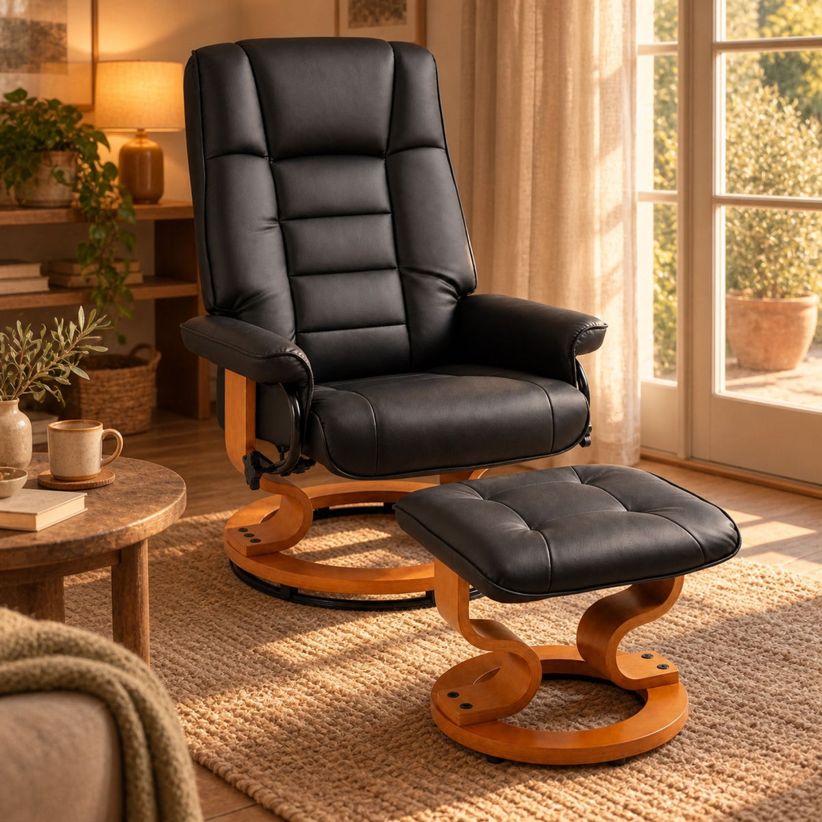 Fauteuil relax pivotant en bois, jusqu'à 150 kg – position inclinée