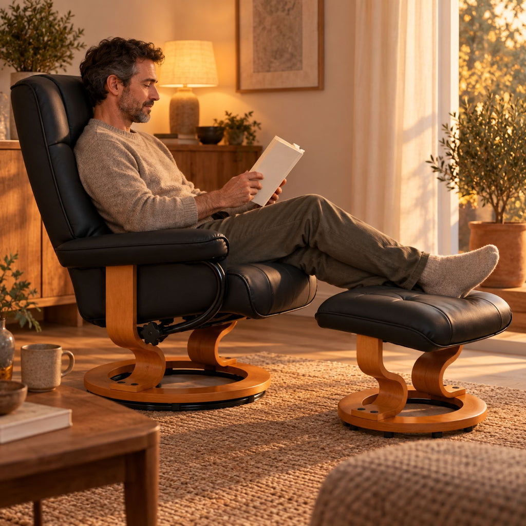 Fauteuil relax pivotant en bois, jusqu'à 150 kg – au salon
