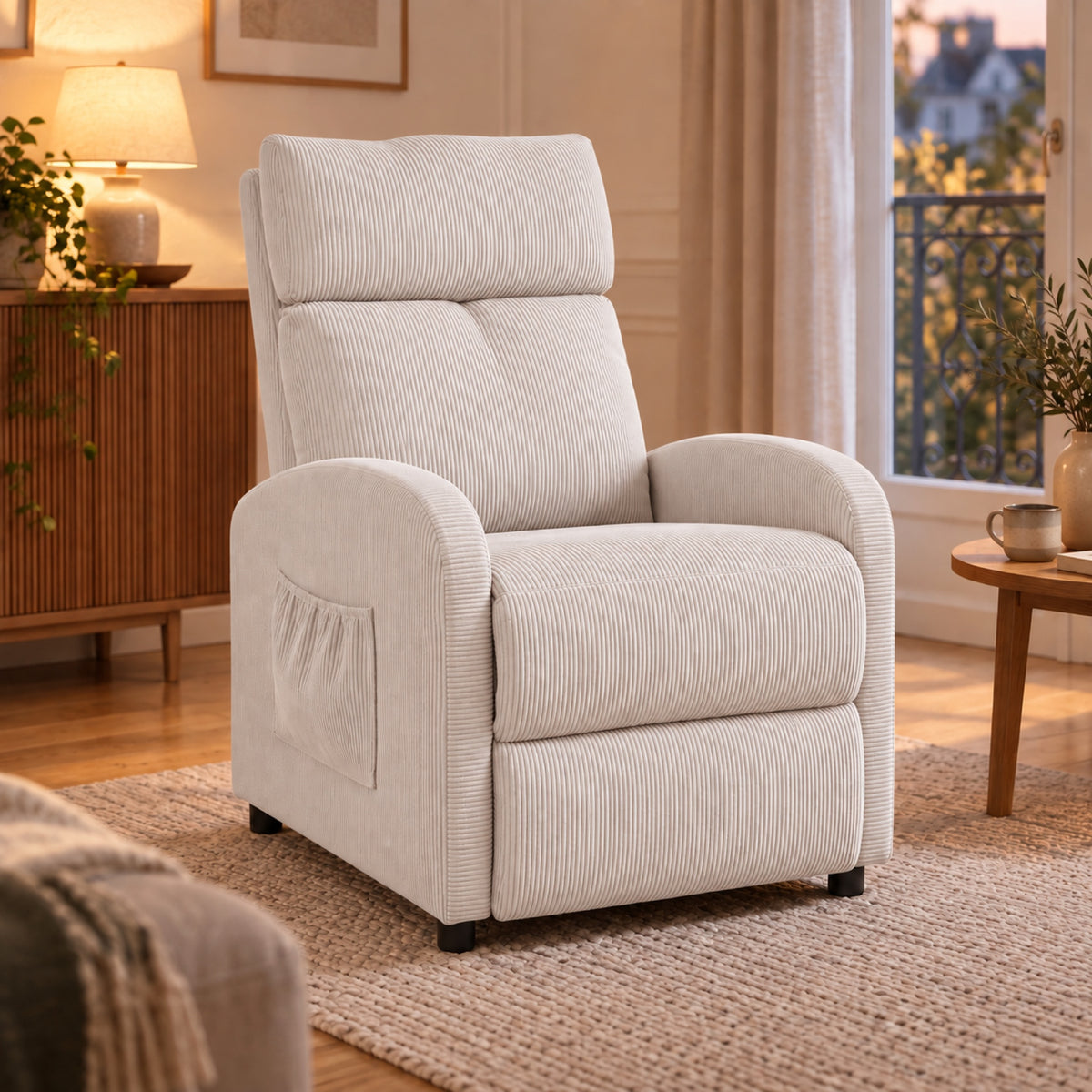 Fauteuil relax push-back en tissu côtelé, repose-pieds, coloris Crème