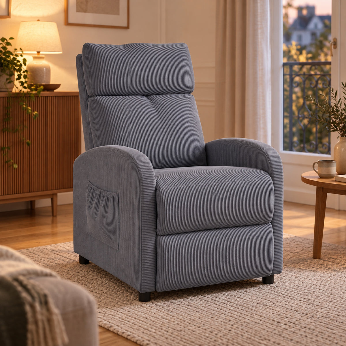 Fauteuil relax push-back en tissu côtelé, repose-pieds, vue principale, coloris Gris ardoise