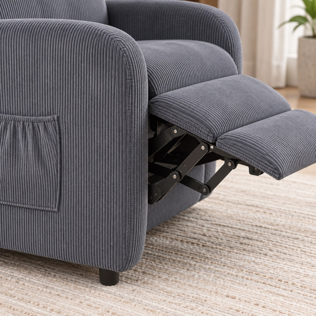 Fauteuil relax push-back en tissu côtelé, repose-pieds, détail de fabrication, coloris Gris ardoise