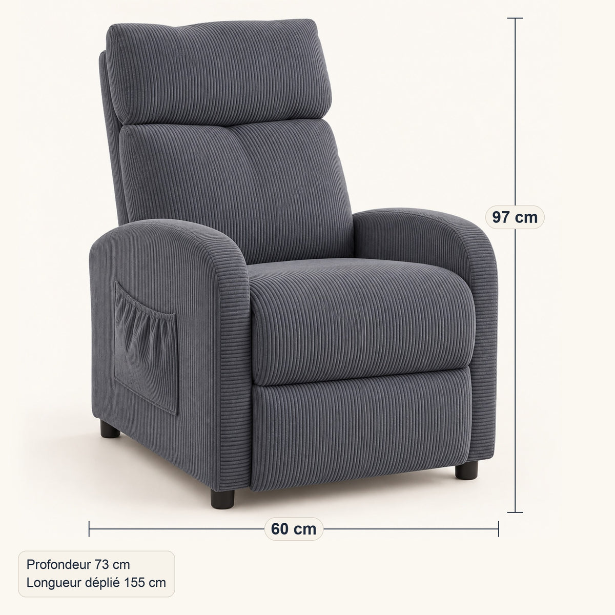 Fauteuil relax push-back en tissu côtelé, repose-pieds, dimensions, coloris Gris ardoise