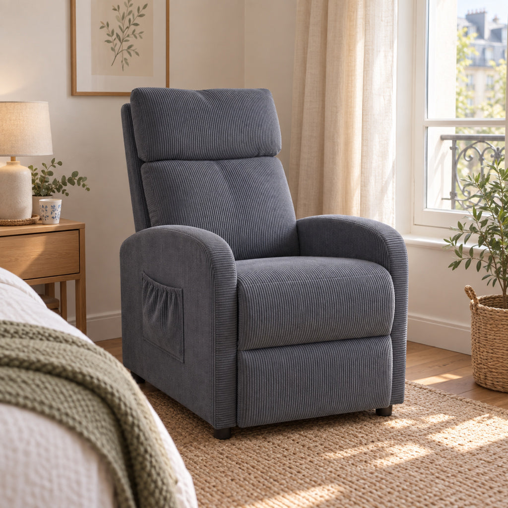 Fauteuil relax push-back en tissu côtelé, repose-pieds, mis en situation, coloris Gris ardoise