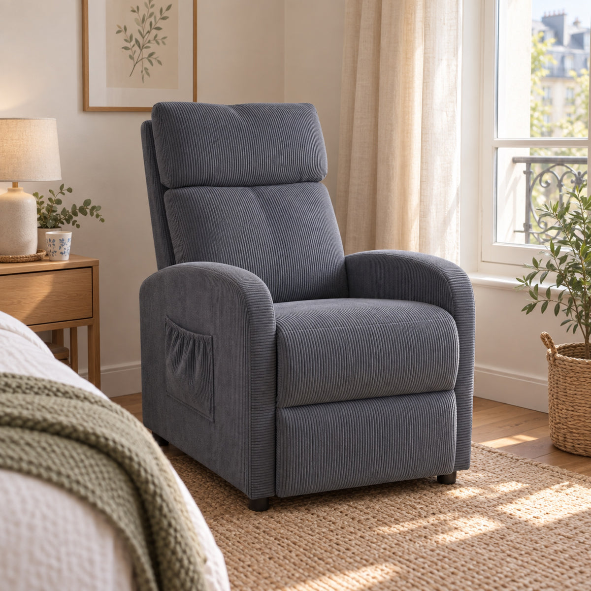 Fauteuil relax push-back en tissu côtelé, repose-pieds, mis en situation, coloris Gris ardoise