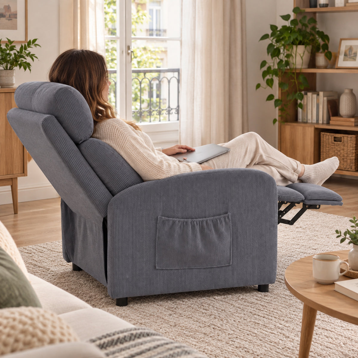 Fauteuil relax push-back en tissu côtelé, repose-pieds, à l'usage, coloris Gris ardoise