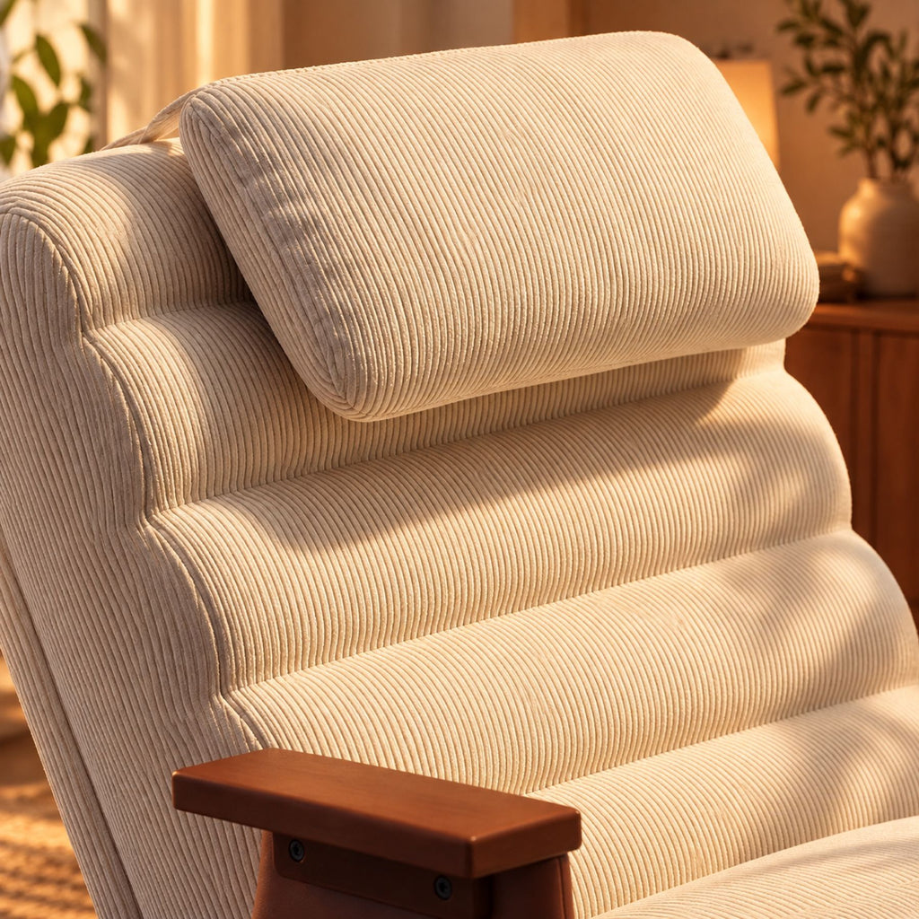 Fauteuil relax à bascule scandinave, velours côtelé – détail de la matière