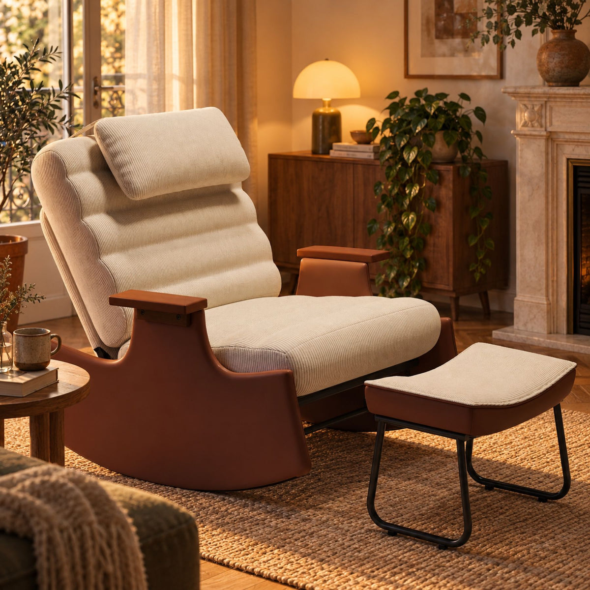 Fauteuil relax à bascule scandinave, velours côtelé – position inclinée