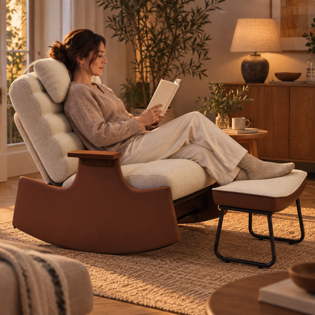 Fauteuil relax à bascule scandinave, velours côtelé – au salon