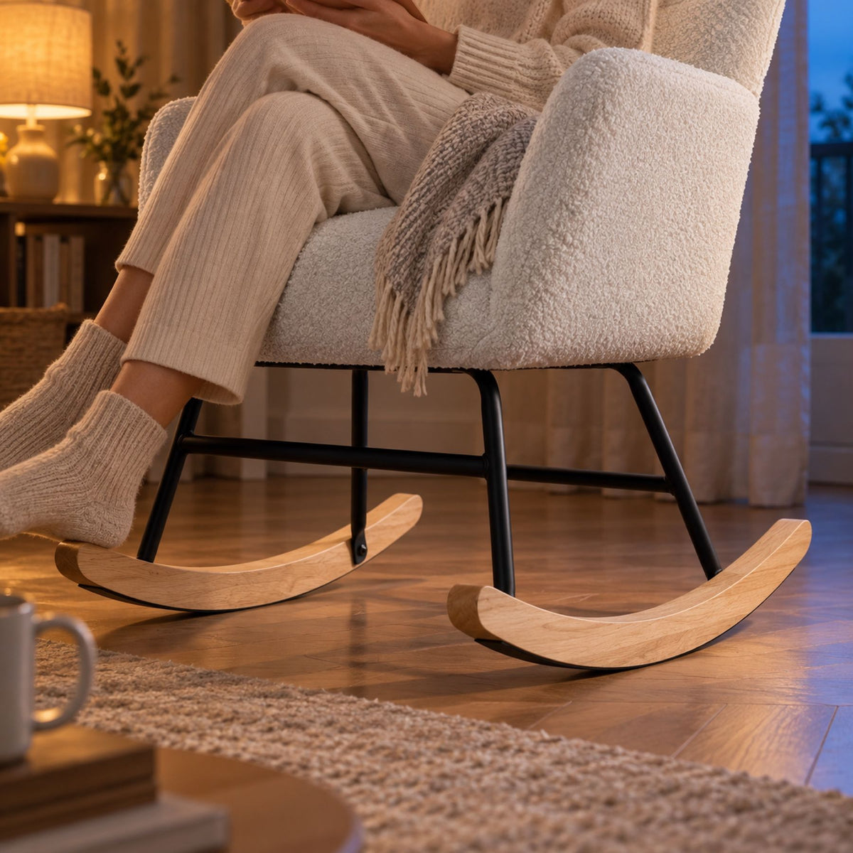 Fauteuil rocking chair teddy écru, dossier haut – détail