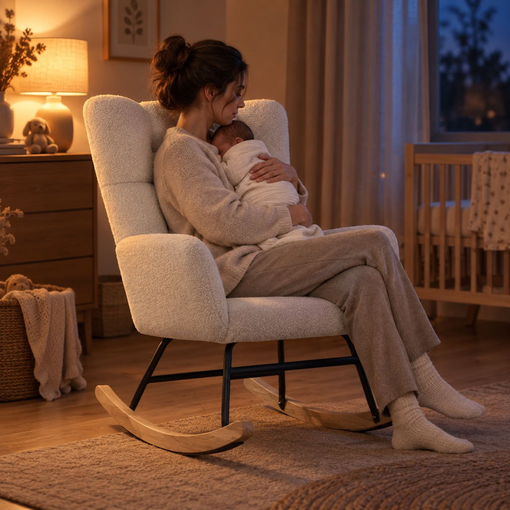 Fauteuil rocking chair teddy écru, dossier haut – au calme le soir