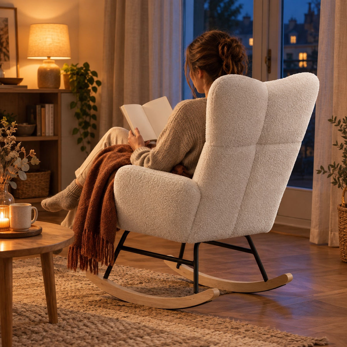Fauteuil rocking chair teddy écru, dossier haut – au salon