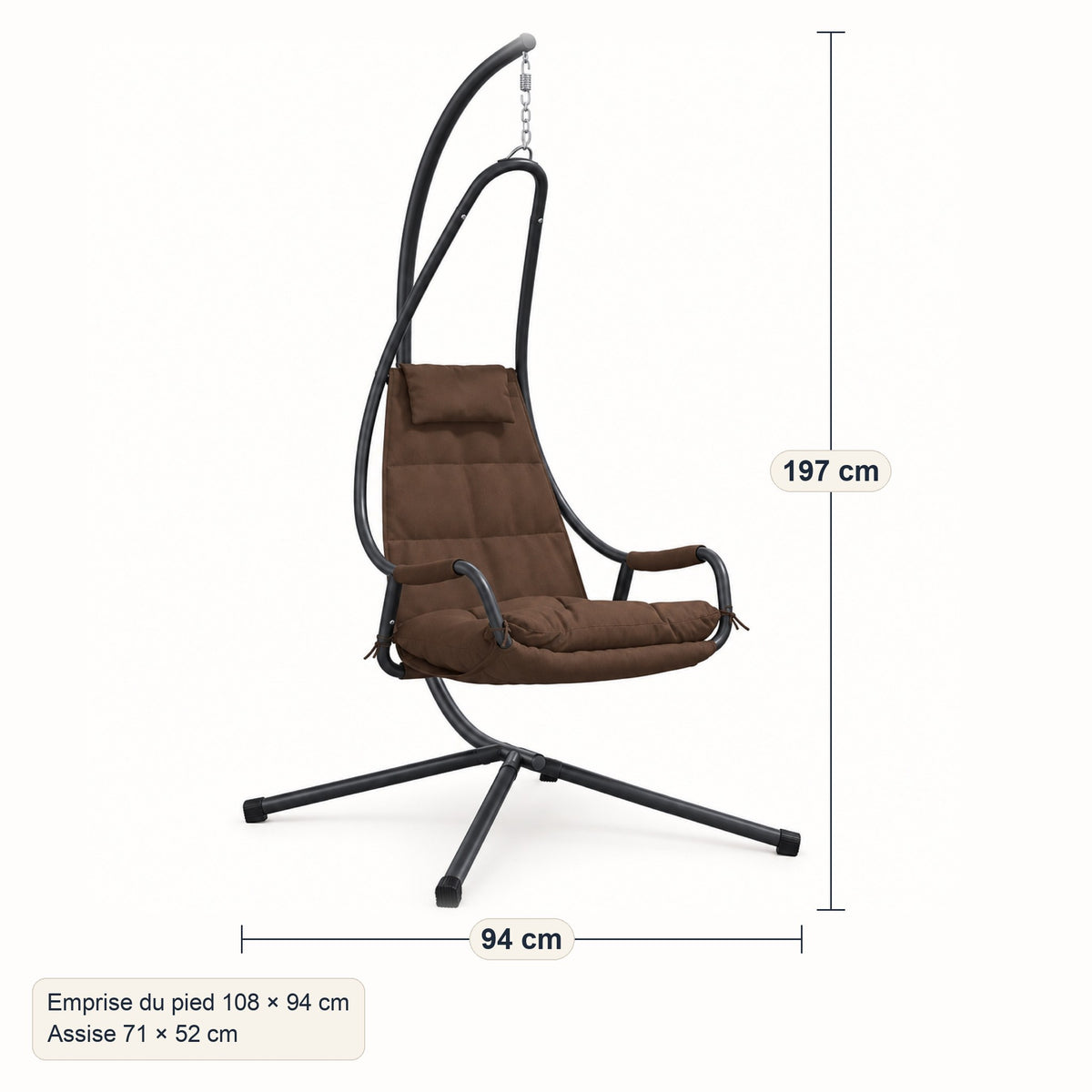 Fauteuil suspendu sur pied en tissu imperméable, pliable, dimensions, coloris Brun café